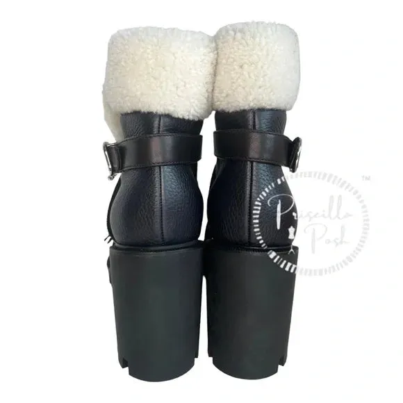 NWB Christian Louboutin Pole Chic Shearling Red Sole Combat Booties, Black 41