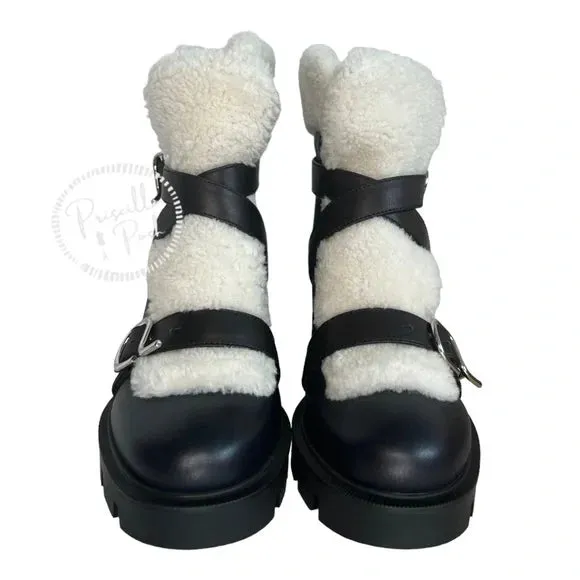 NWB Christian Louboutin Pole Chic Shearling Red Sole Combat Booties, Black 41