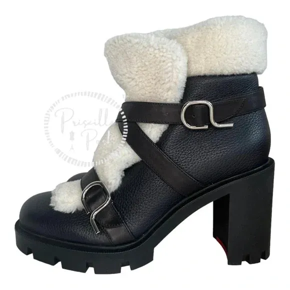 NWB Christian Louboutin Pole Chic Shearling Red Sole Combat Booties, Black 41