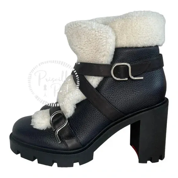 NWB Christian Louboutin Pole Chic Shearling Red Sole Combat Booties, Black 41