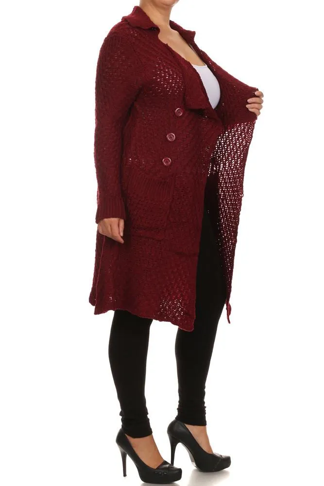 Plus Size Cozy Knit Burgundy Cardigan