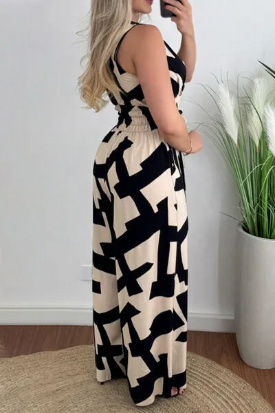 Printed Surplice Sleeveless Tie Waist Jumpsuit