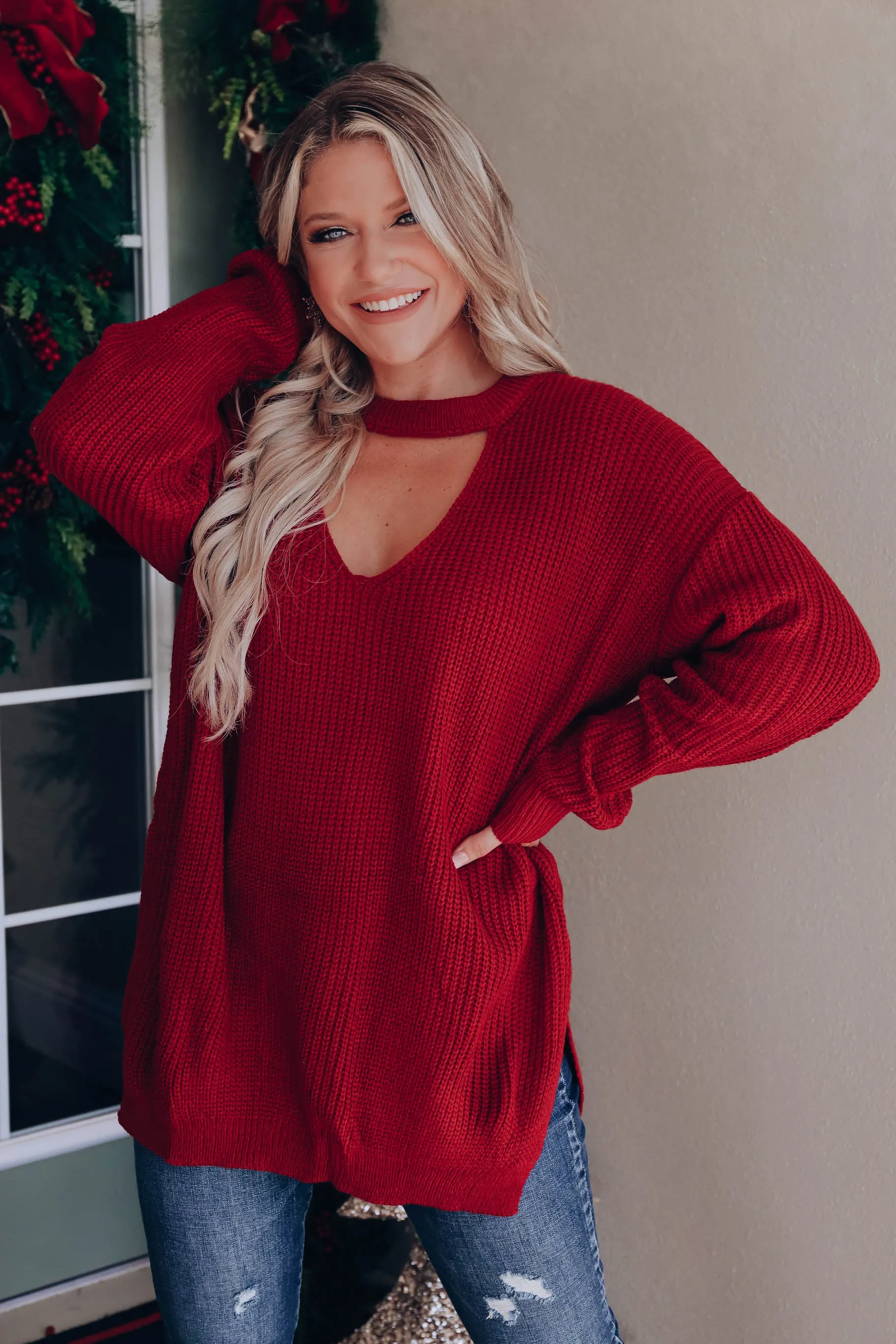 Pull Me Close Cutout Sweater - Burgundy
