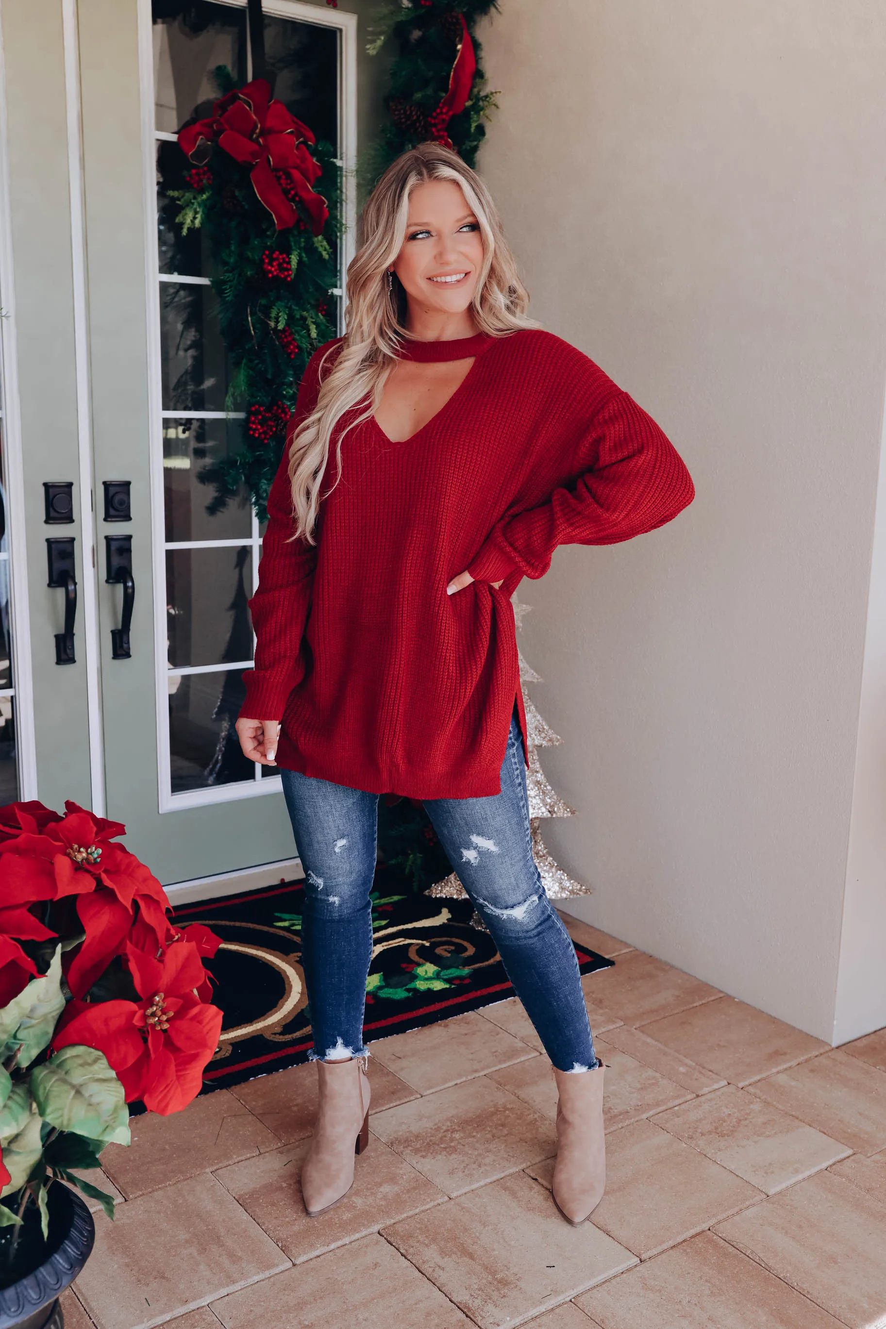 Pull Me Close Cutout Sweater - Burgundy