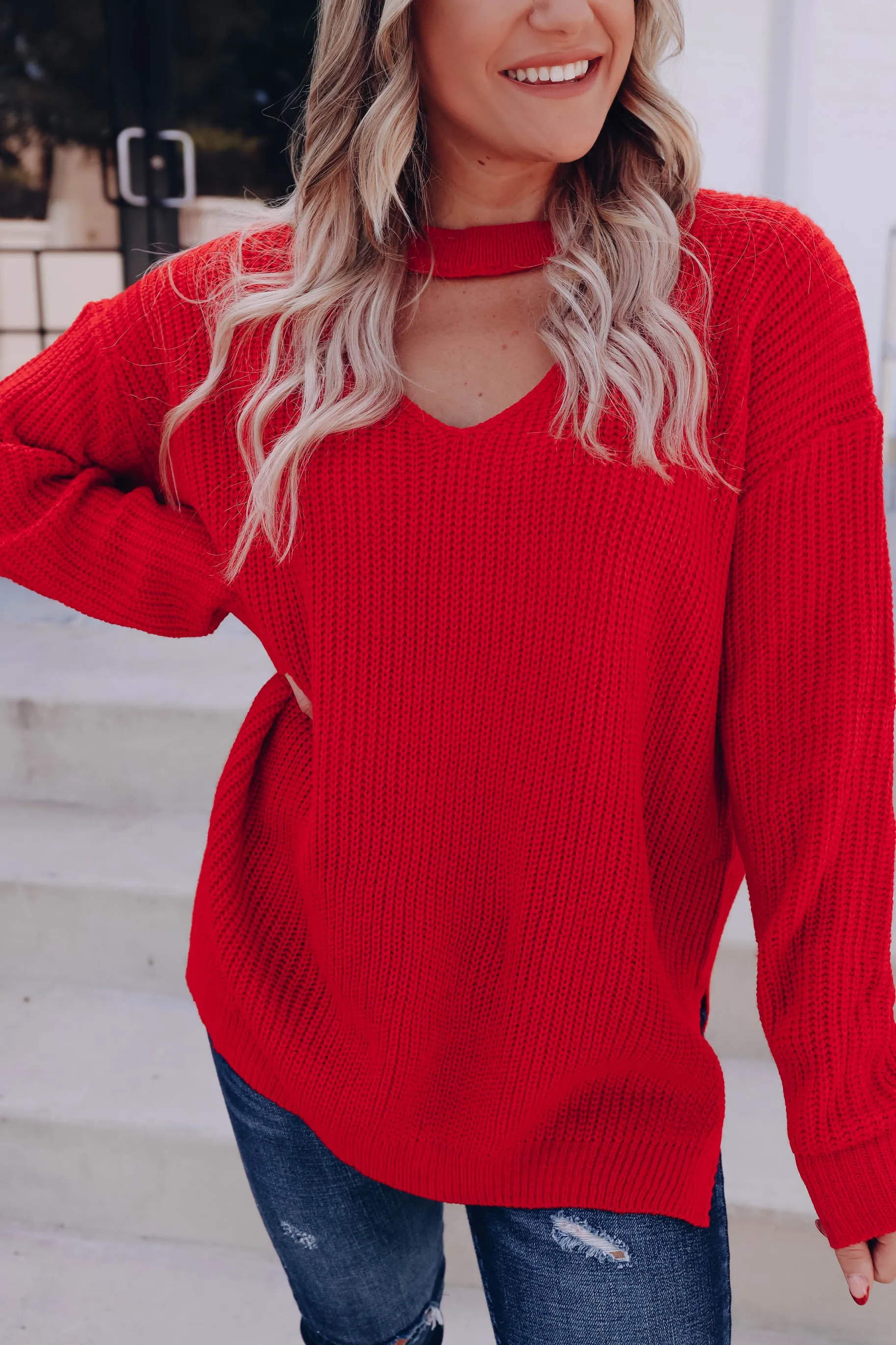 Pull Me Close Cutout Sweater - Red