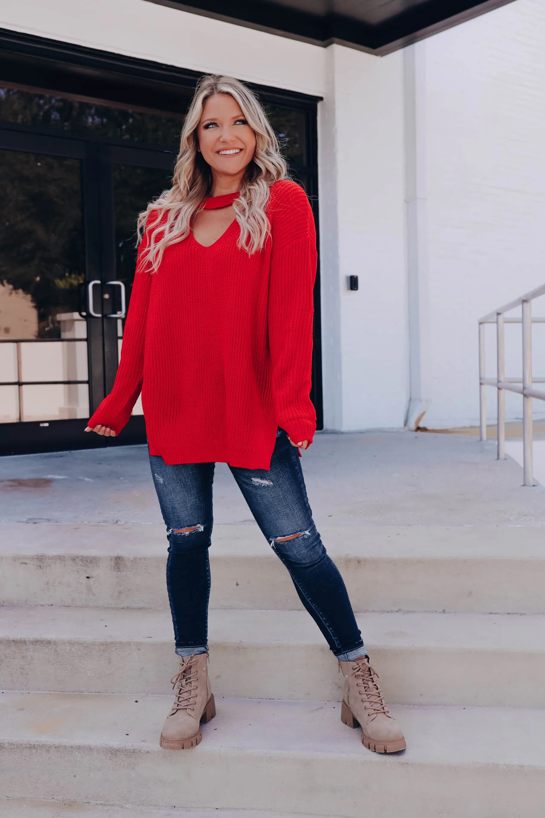 Pull Me Close Cutout Sweater - Red