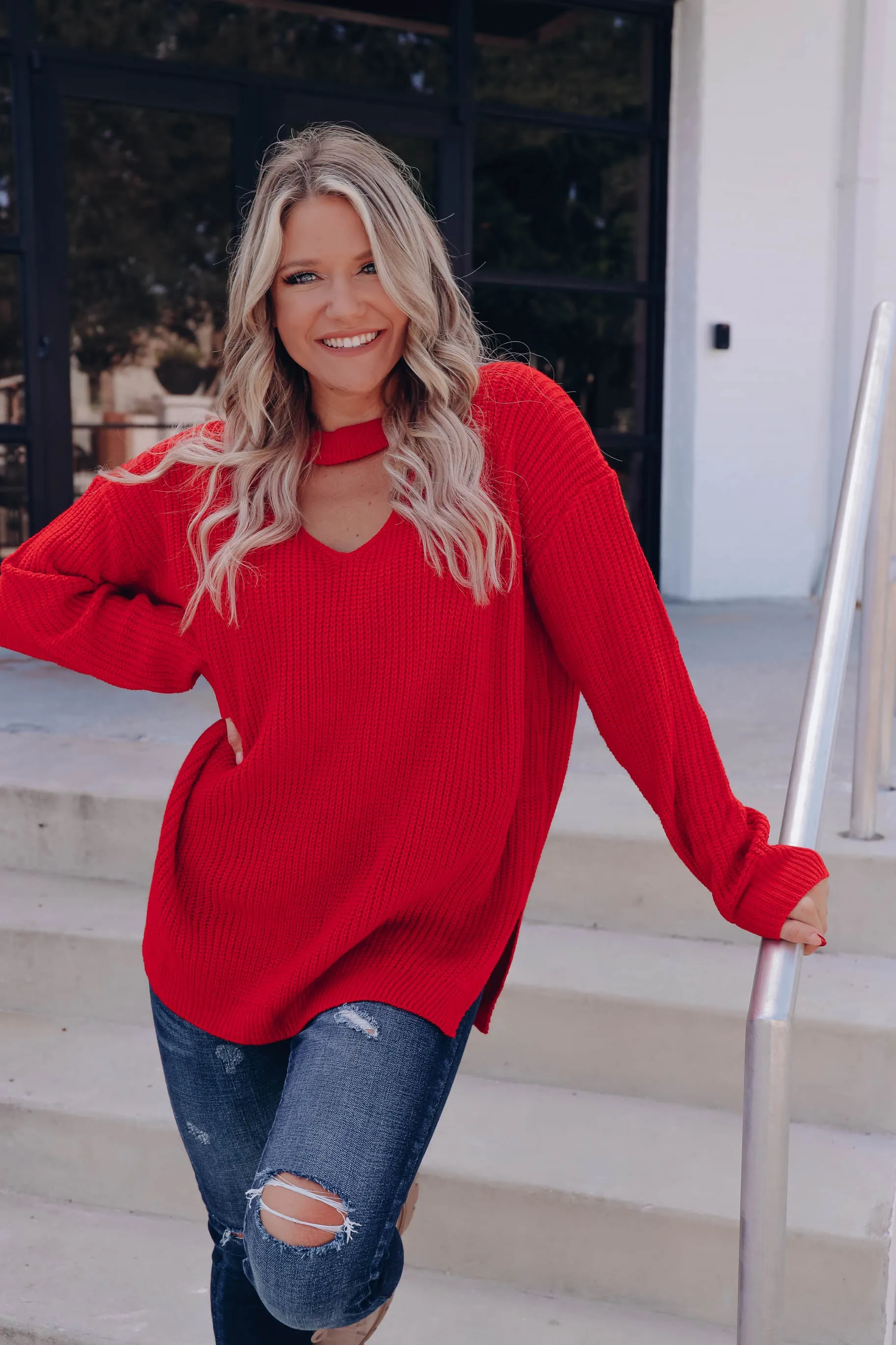 Pull Me Close Cutout Sweater - Red