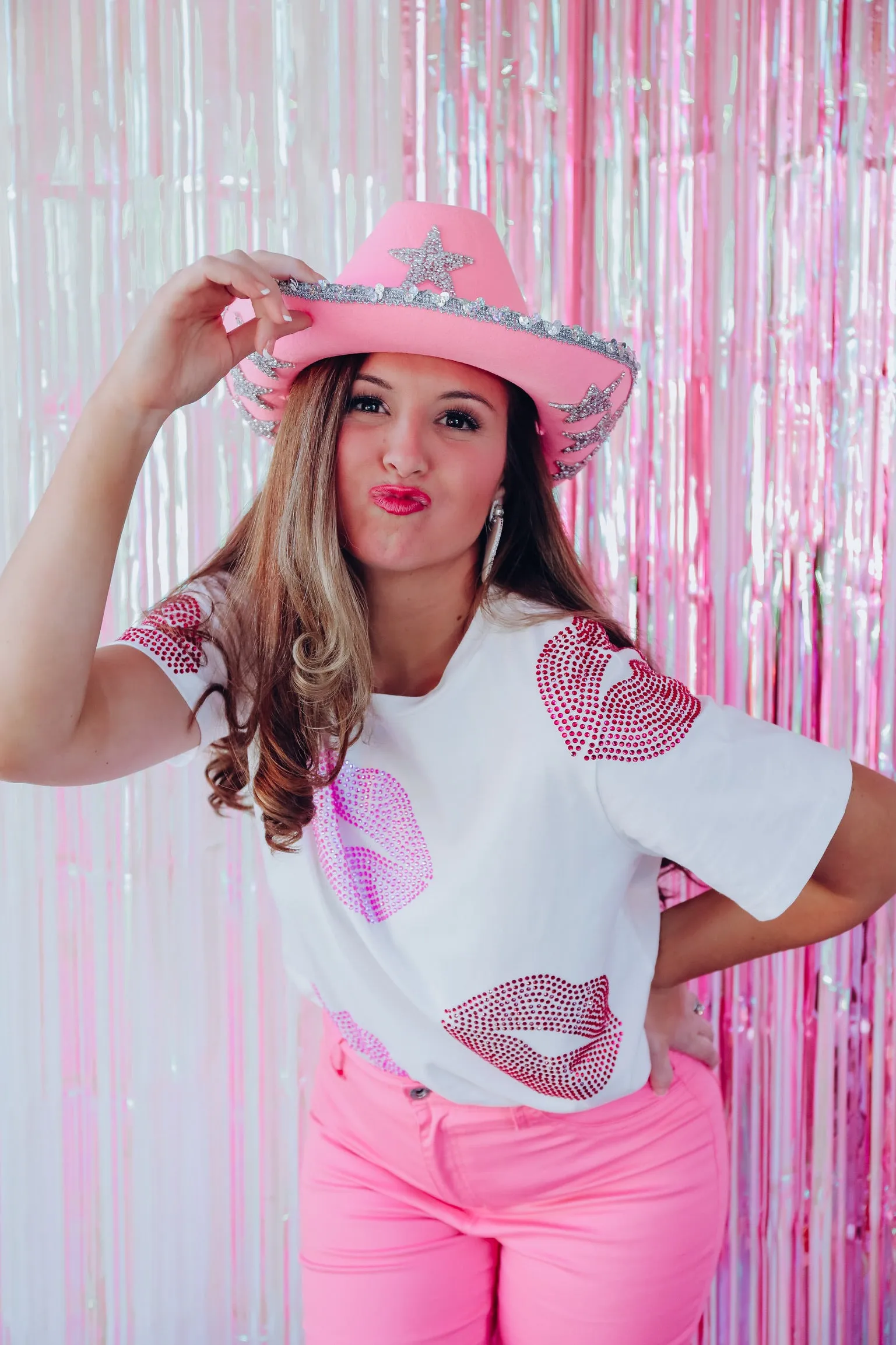 "Hot Lips" Rhinestone Graphic Tee  - White
