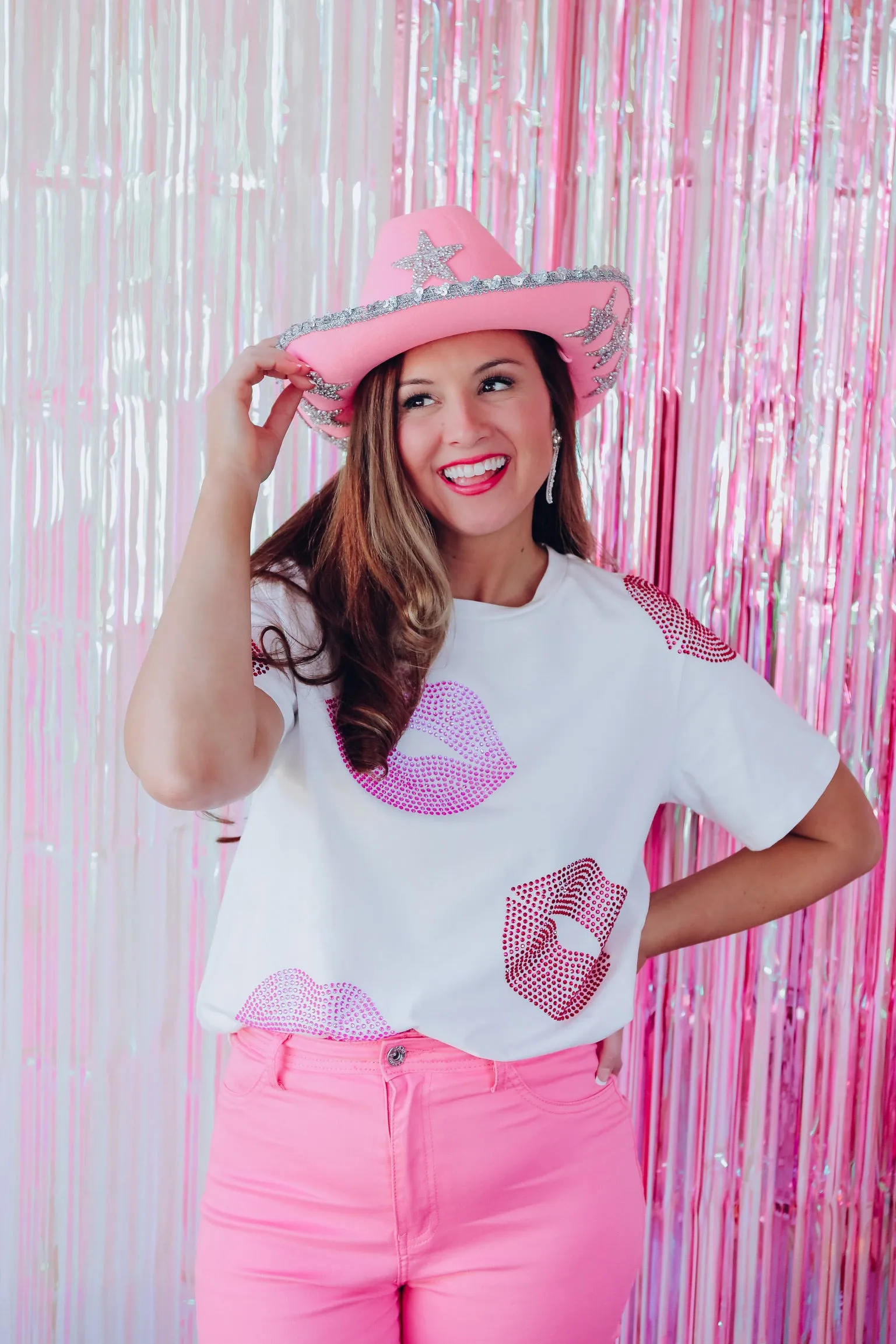 "Hot Lips" Rhinestone Graphic Tee  - White