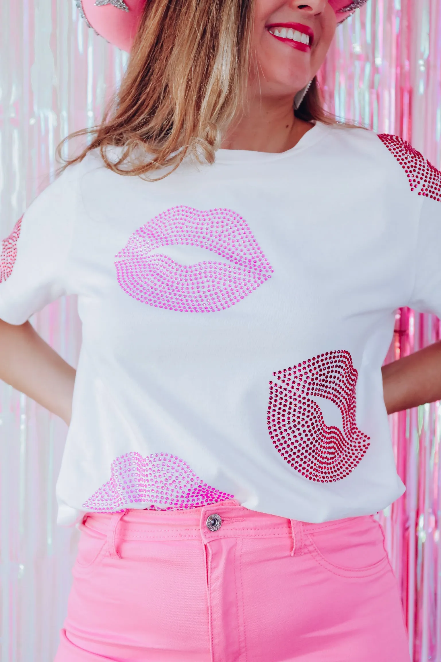 "Hot Lips" Rhinestone Graphic Tee  - White
