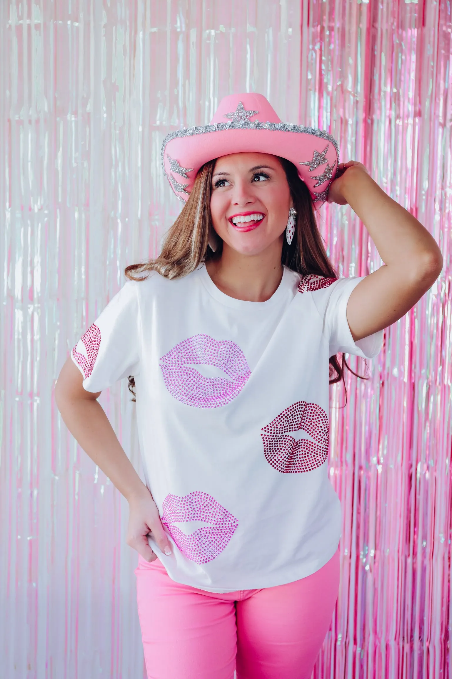 "Hot Lips" Rhinestone Graphic Tee  - White