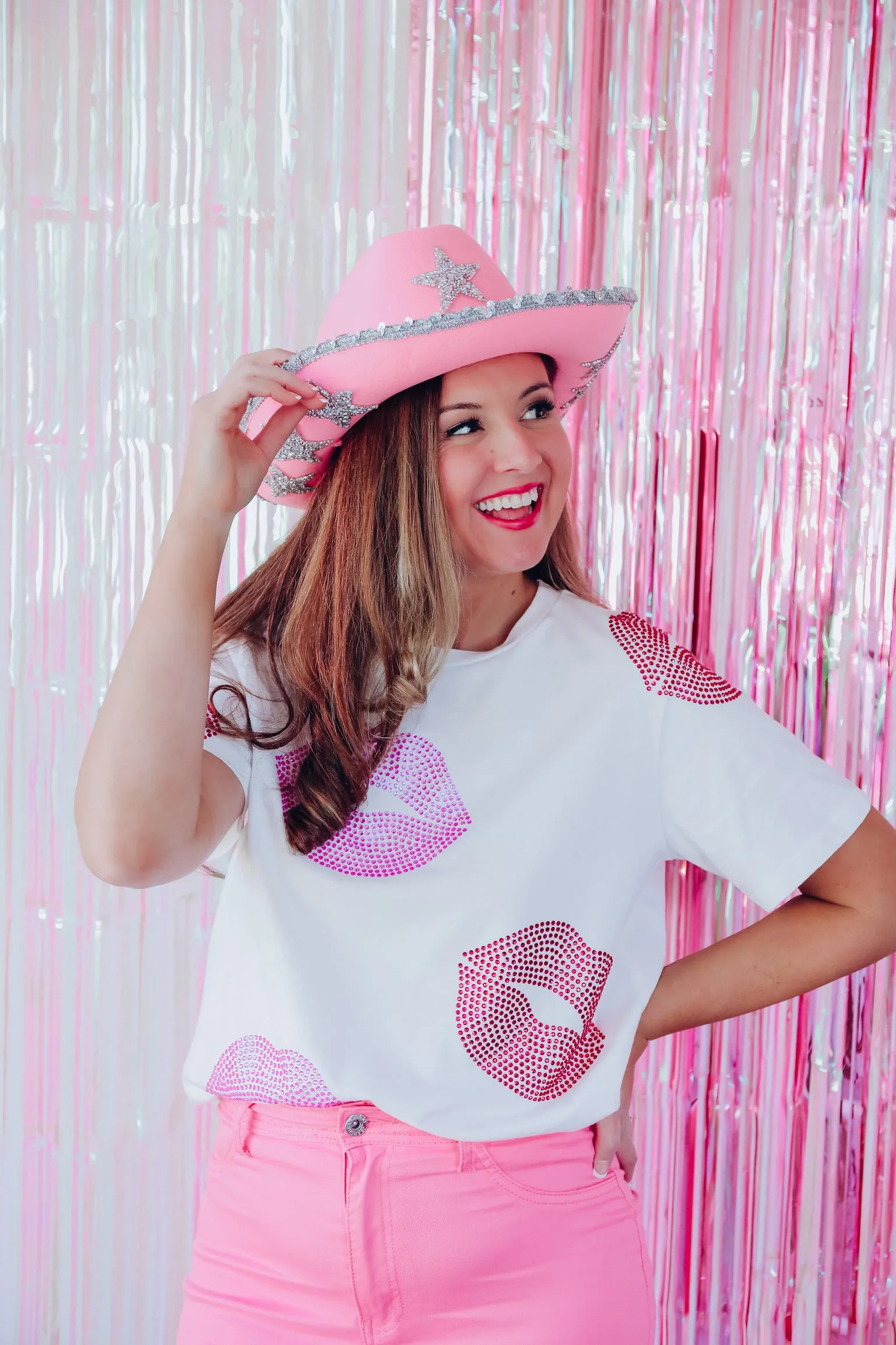 "Hot Lips" Rhinestone Graphic Tee  - White