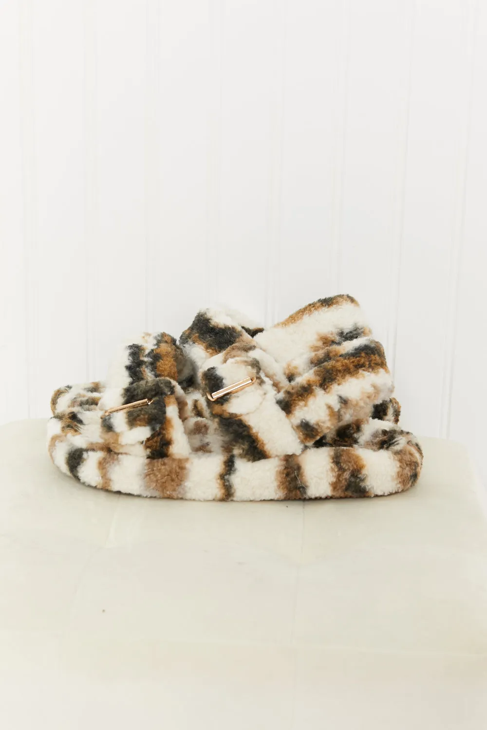 Qupid Cozy Atmosphere Striped Faux Fur Buckled Sandals