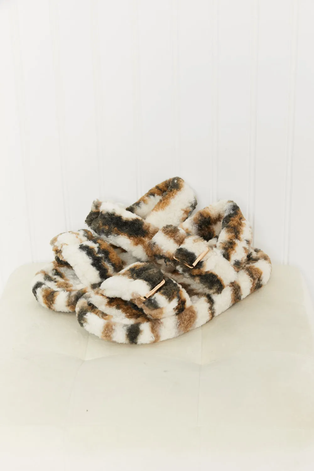 Qupid Cozy Atmosphere Striped Faux Fur Buckled Sandals