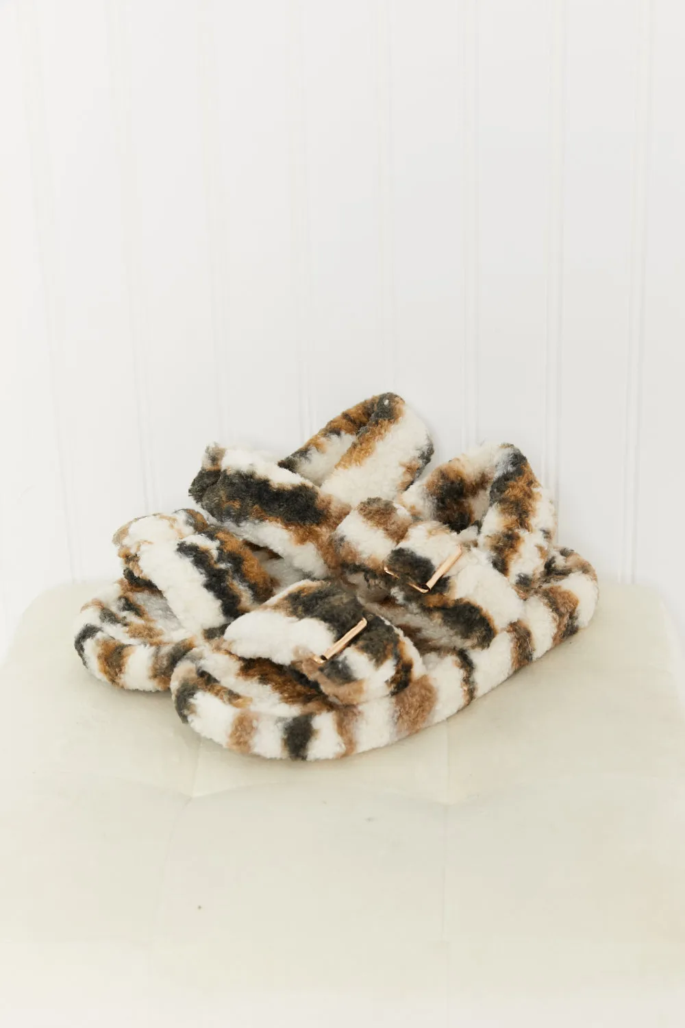 Qupid Cozy Atmosphere Striped Faux Fur Buckled Sandals