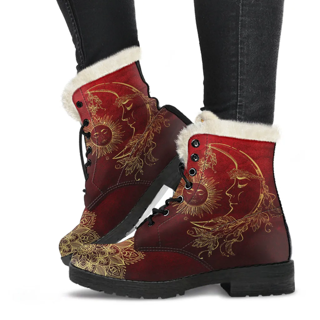 Red Sun And Moon Mandala Faux Fur Eco-Friendly Leather Boots