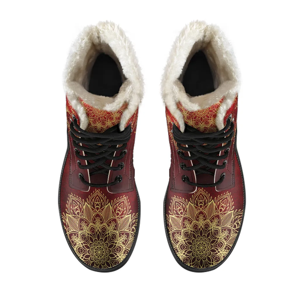 Red Sun And Moon Mandala Faux Fur Eco-Friendly Leather Boots