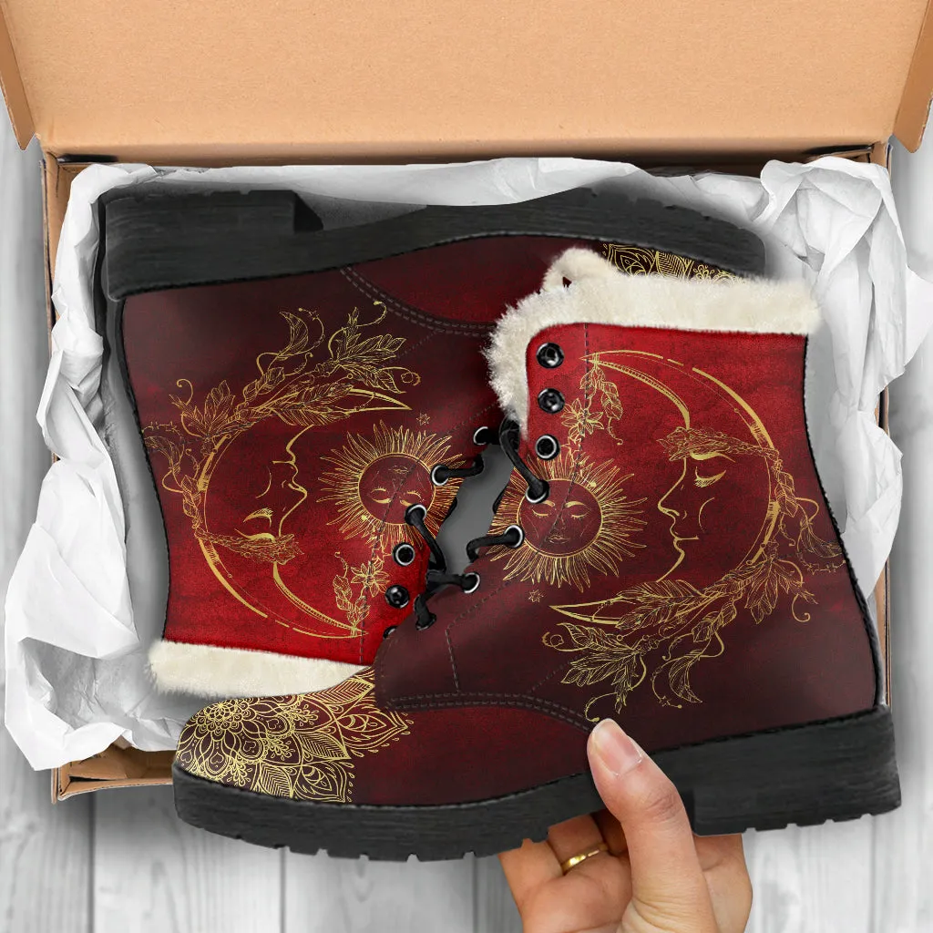 Red Sun And Moon Mandala Faux Fur Eco-Friendly Leather Boots