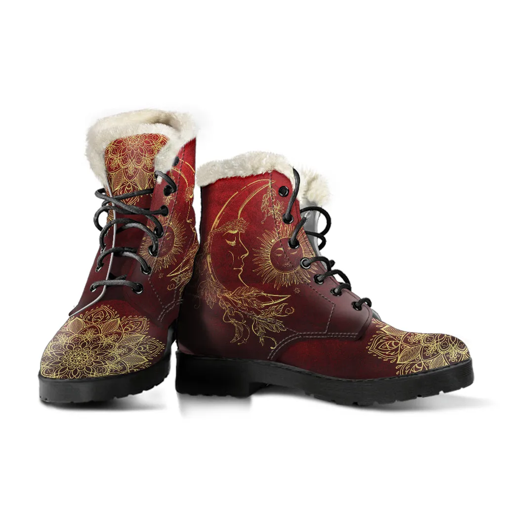 Red Sun And Moon Mandala Faux Fur Eco-Friendly Leather Boots