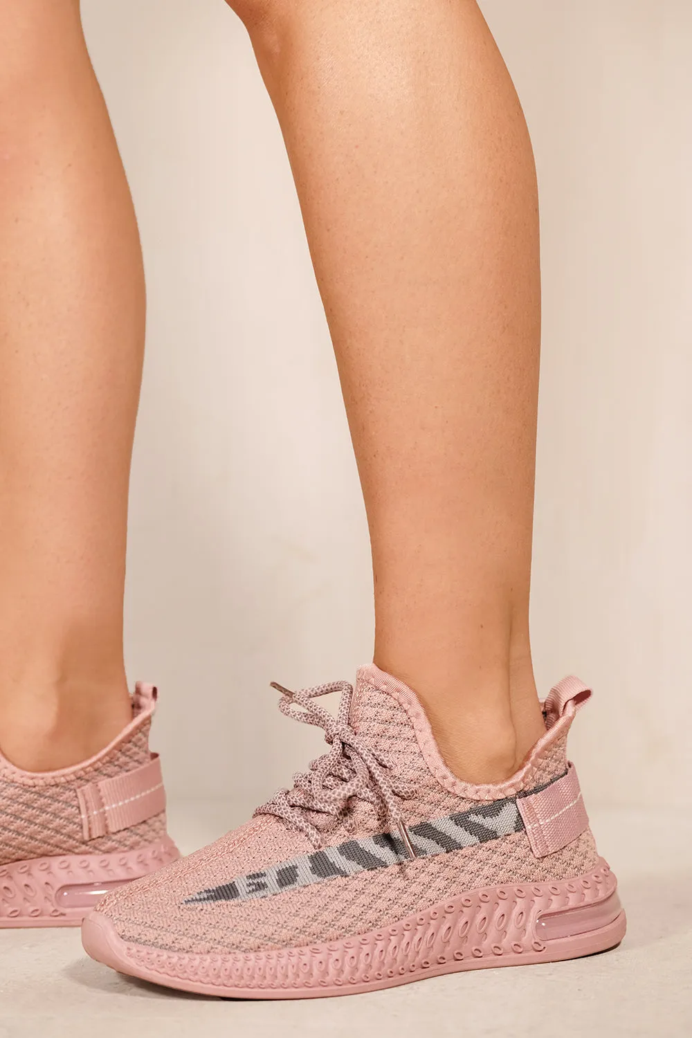ROMILY PLATFORM KNITTED CHECK TRAINERS IN BLUSH PINK