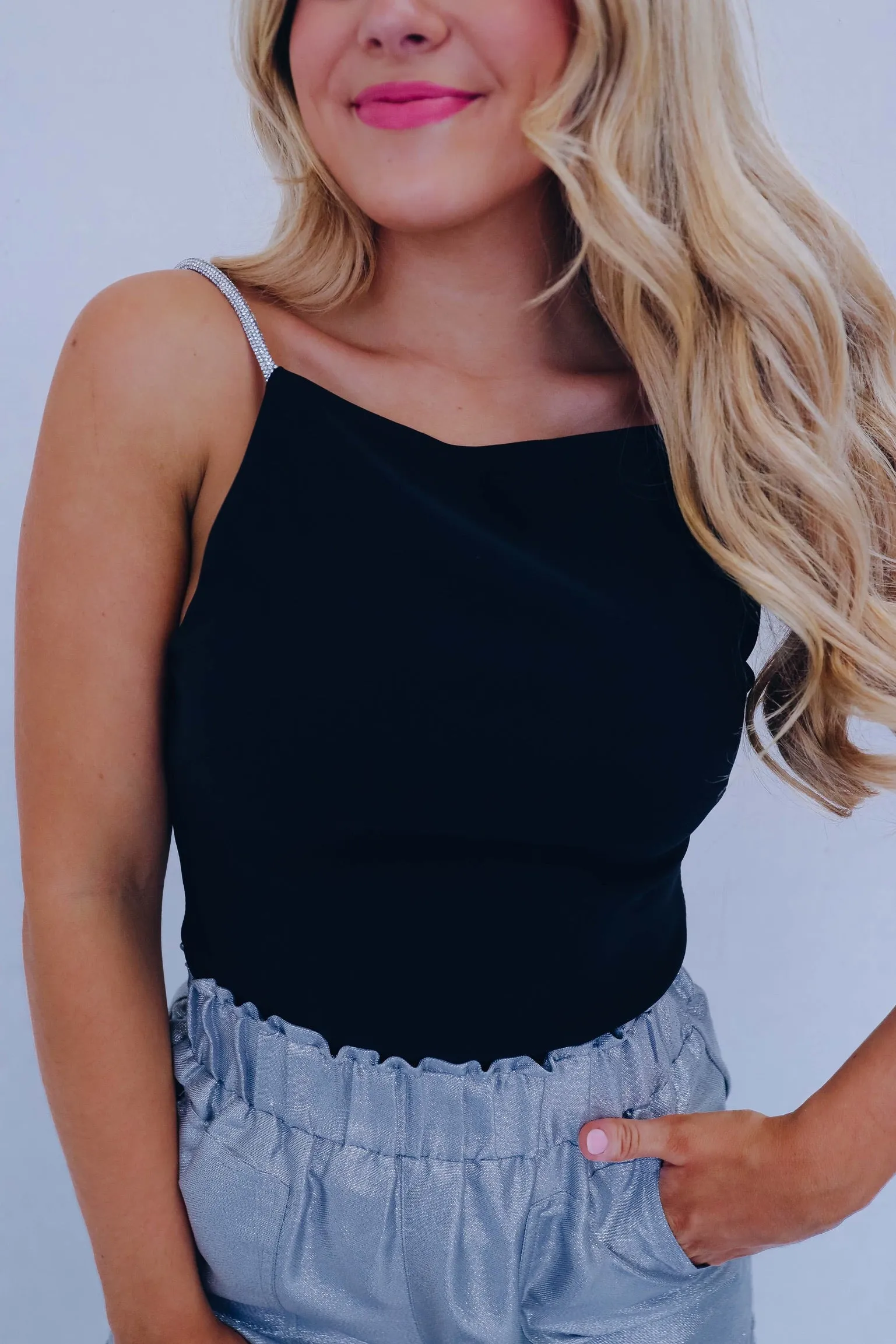 Sheena Shimmering Strap Crop Top - Black