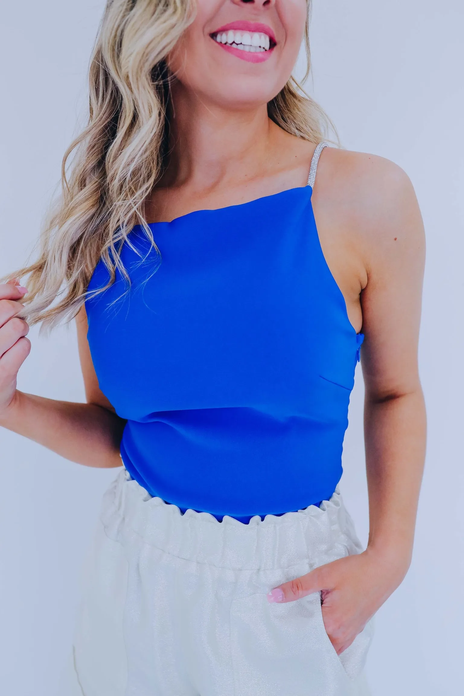Sheena Shimmering Strap Crop Top - Blue