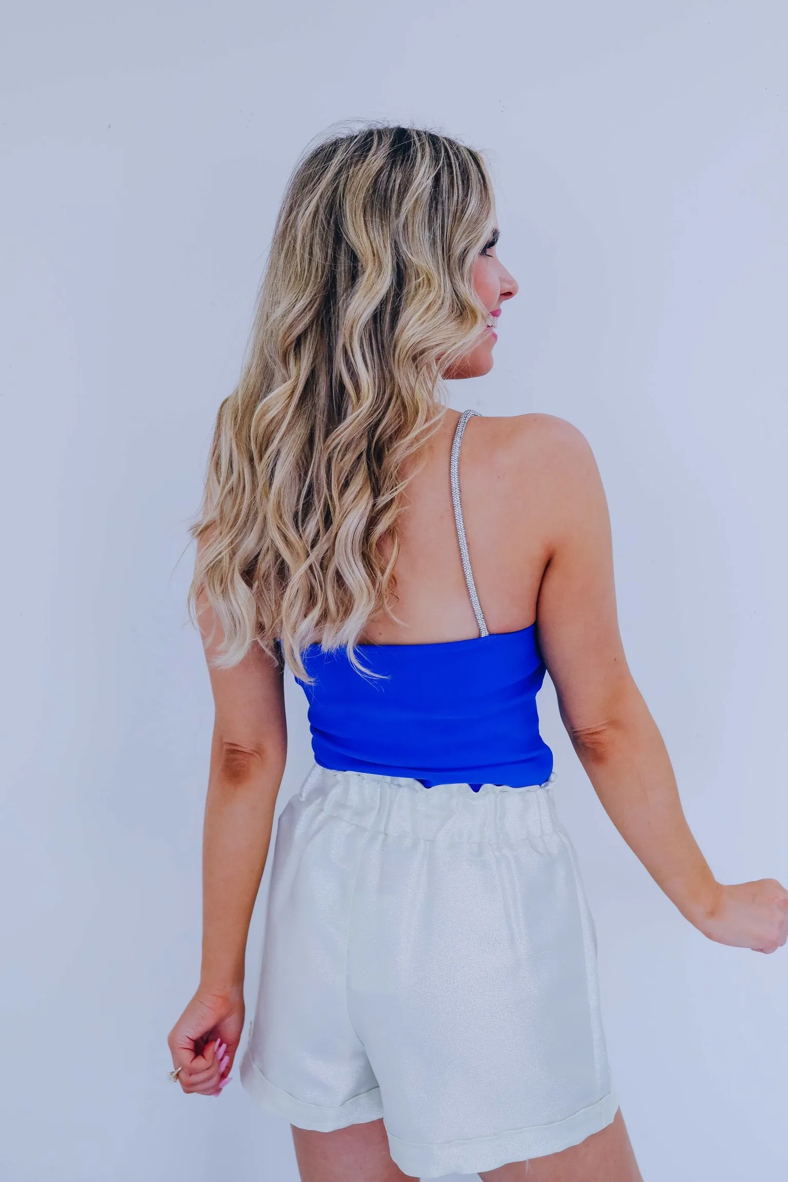 Sheena Shimmering Strap Crop Top - Blue