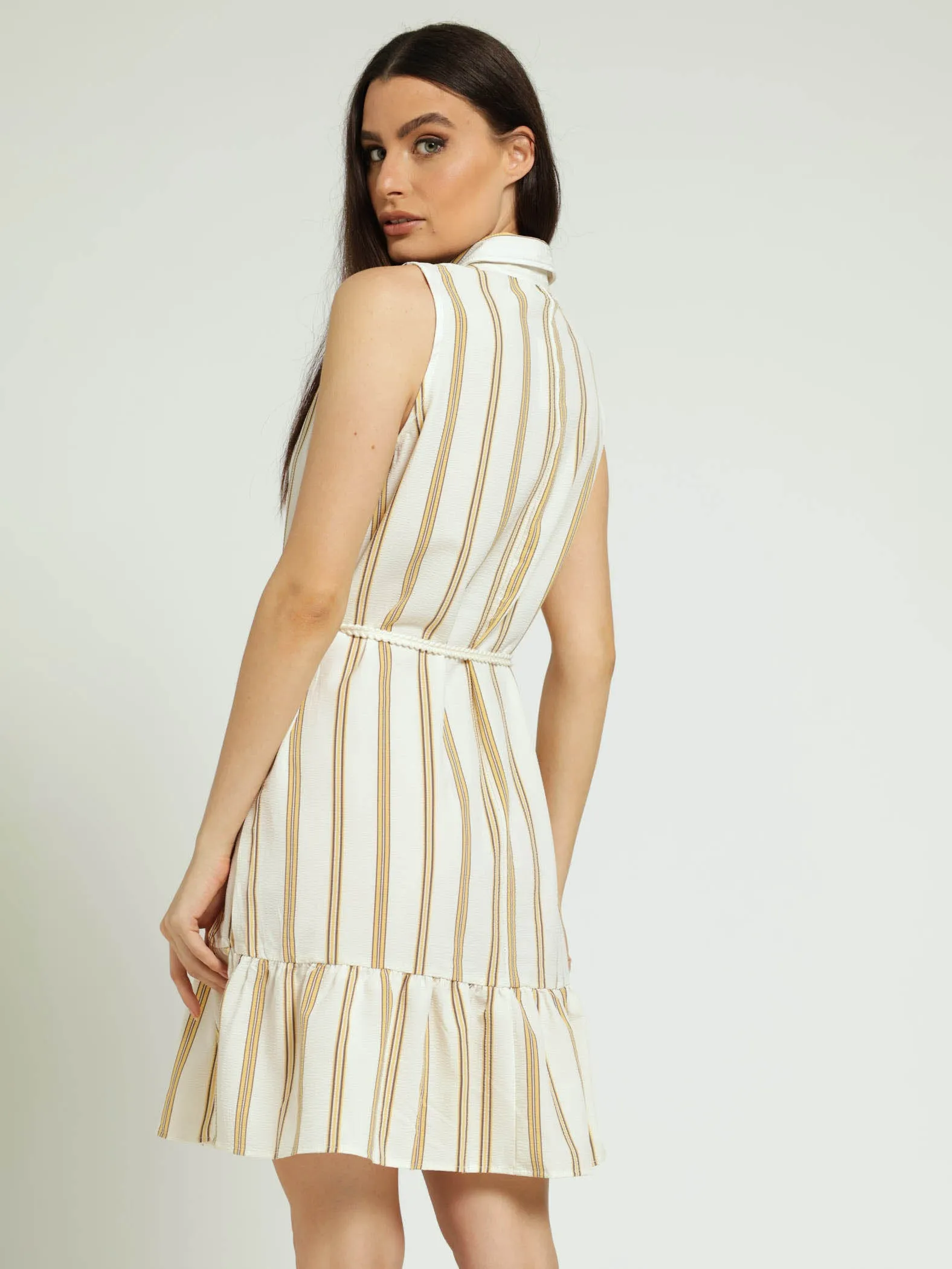 Sleeveless 1/2 Placket Coloured Frill Hem Belted Mini Dress - Cream