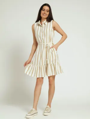 Sleeveless 1/2 Placket Coloured Frill Hem Belted Mini Dress - Cream