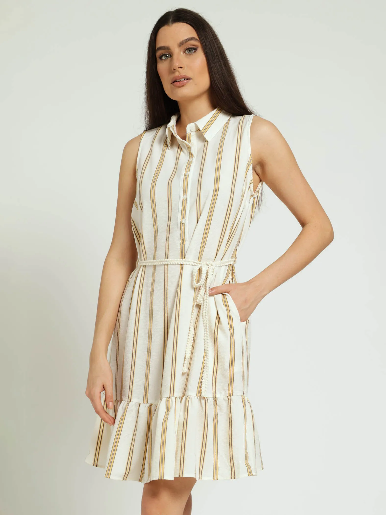 Sleeveless 1/2 Placket Coloured Frill Hem Belted Mini Dress - Cream