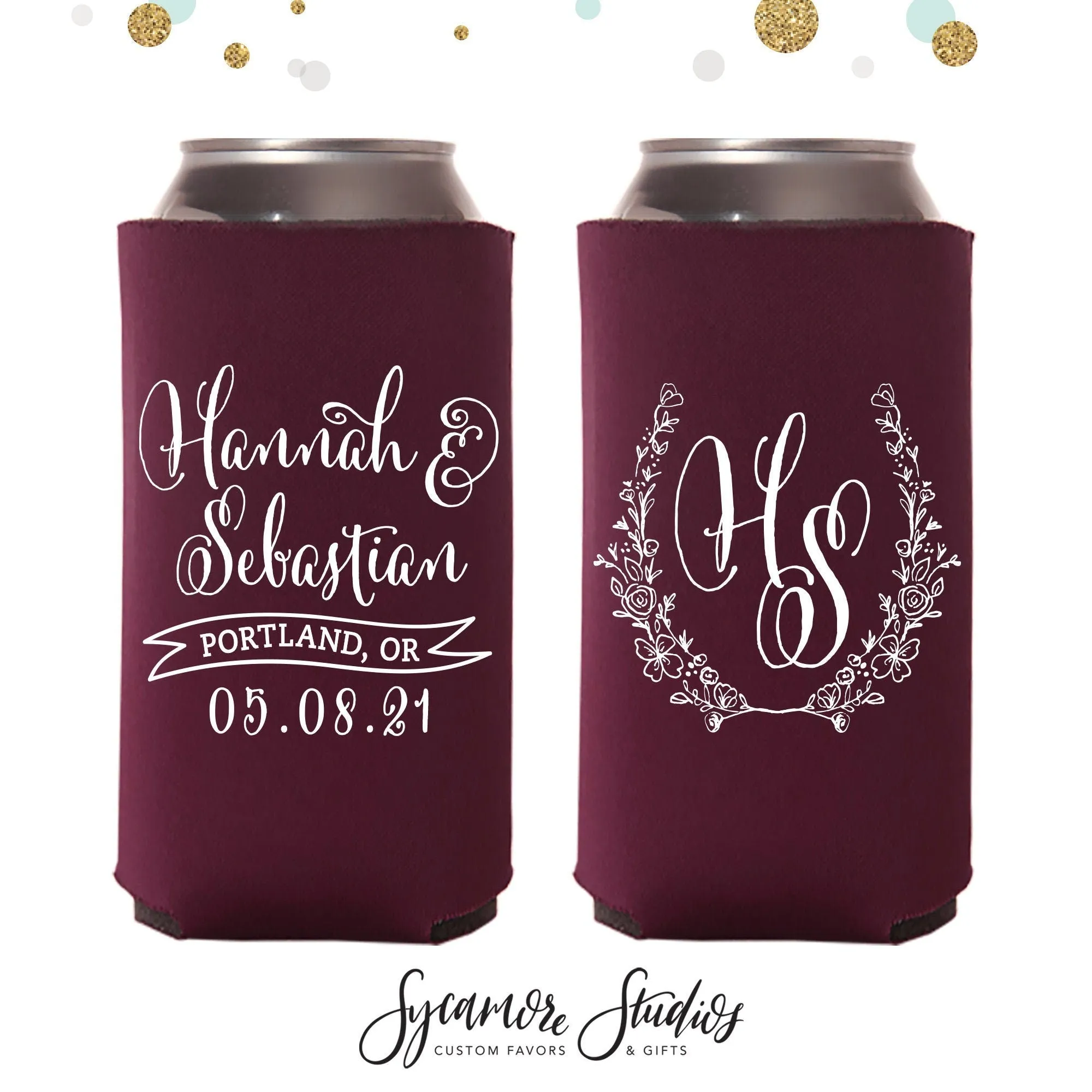Slim 12oz Wedding Can Cooler #7S - Floral Monogram