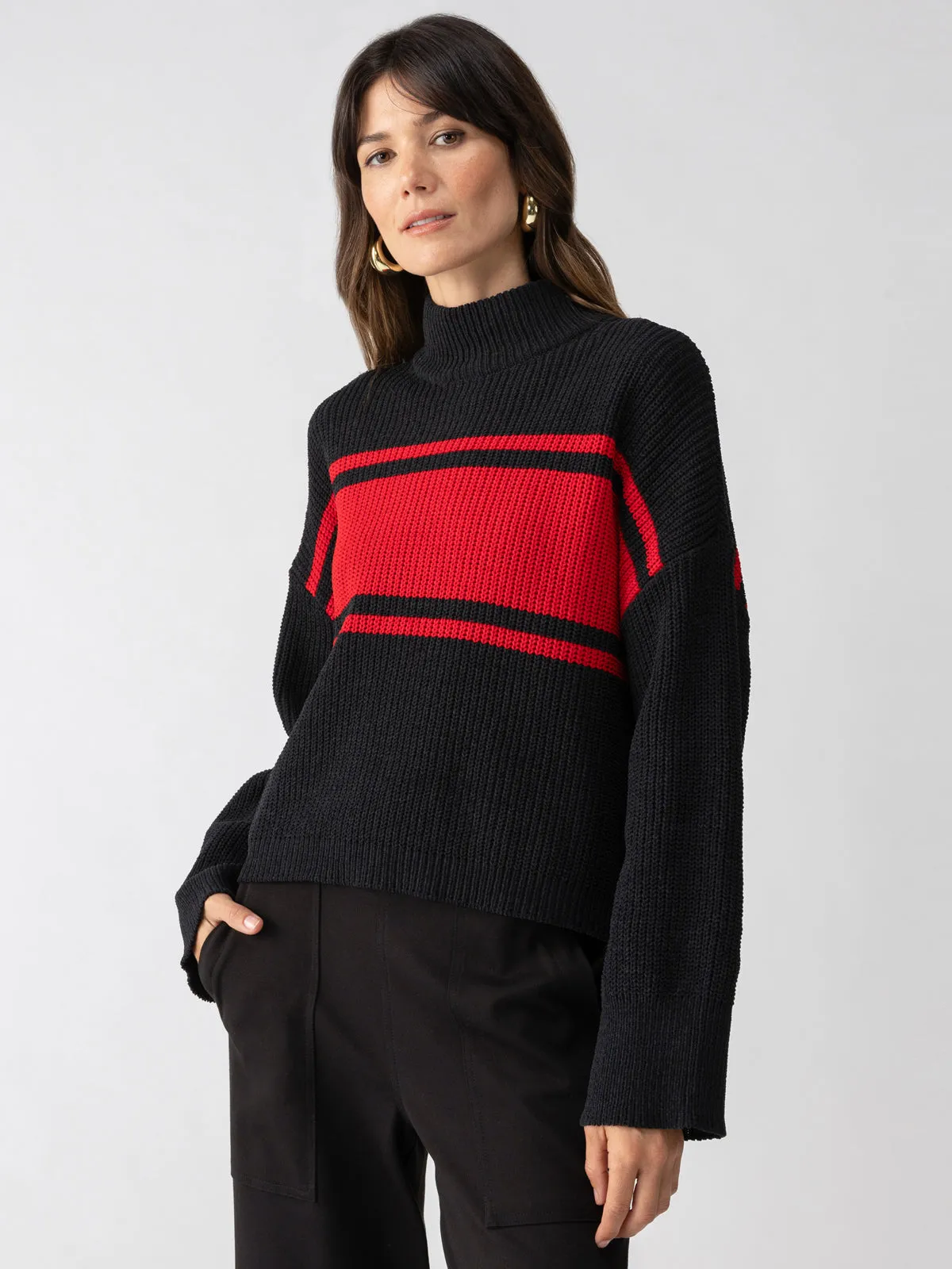 STAY COZY SWEATER- BLACK RED STRIPE