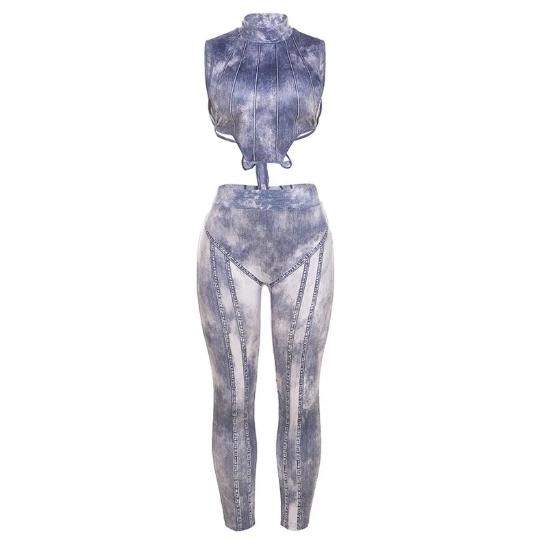 Stone Wash Sleeveless Crop Top & Defined Waist Pants Set - Polyester/Spandex