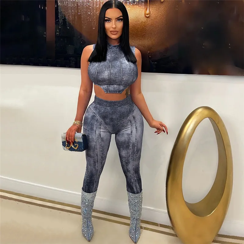 Stone Wash Sleeveless Crop Top & Defined Waist Pants Set - Polyester/Spandex