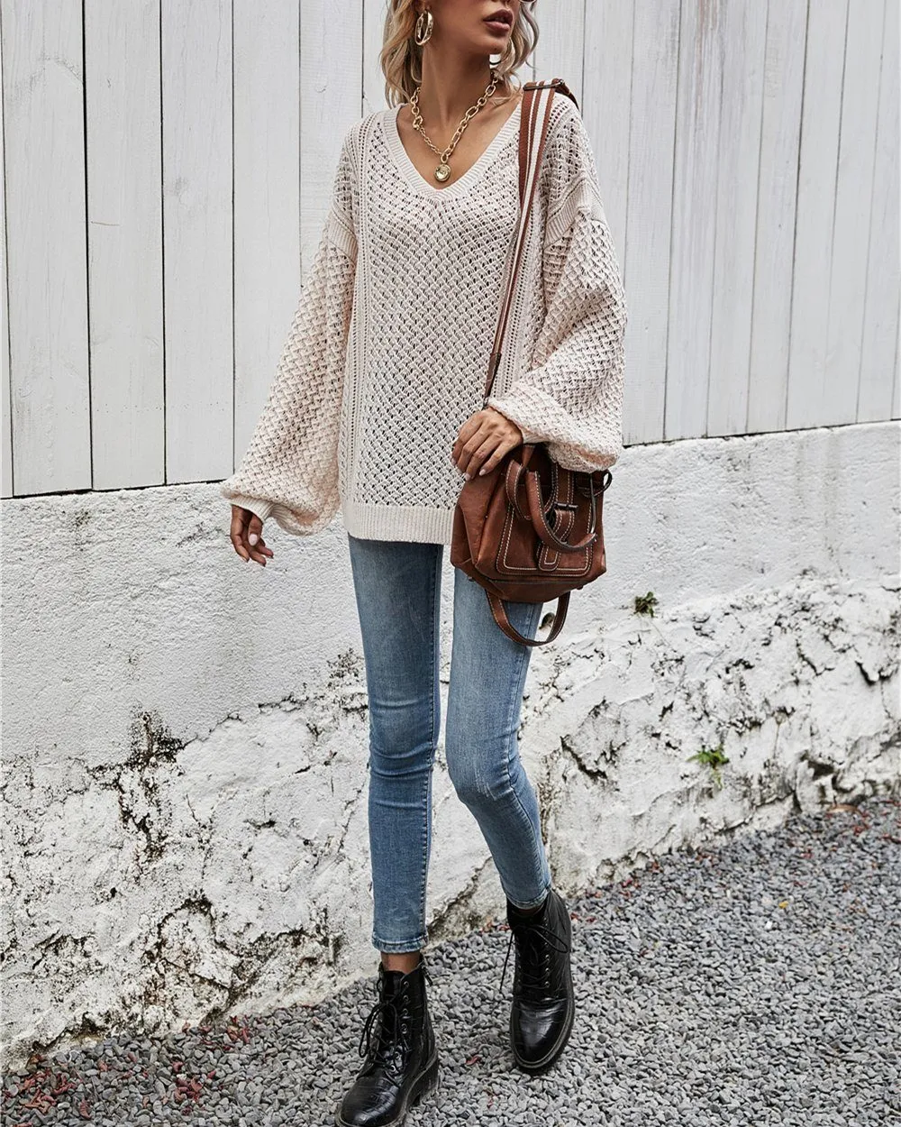Take Me Back V Neck Cut Out Sweater - Apricot