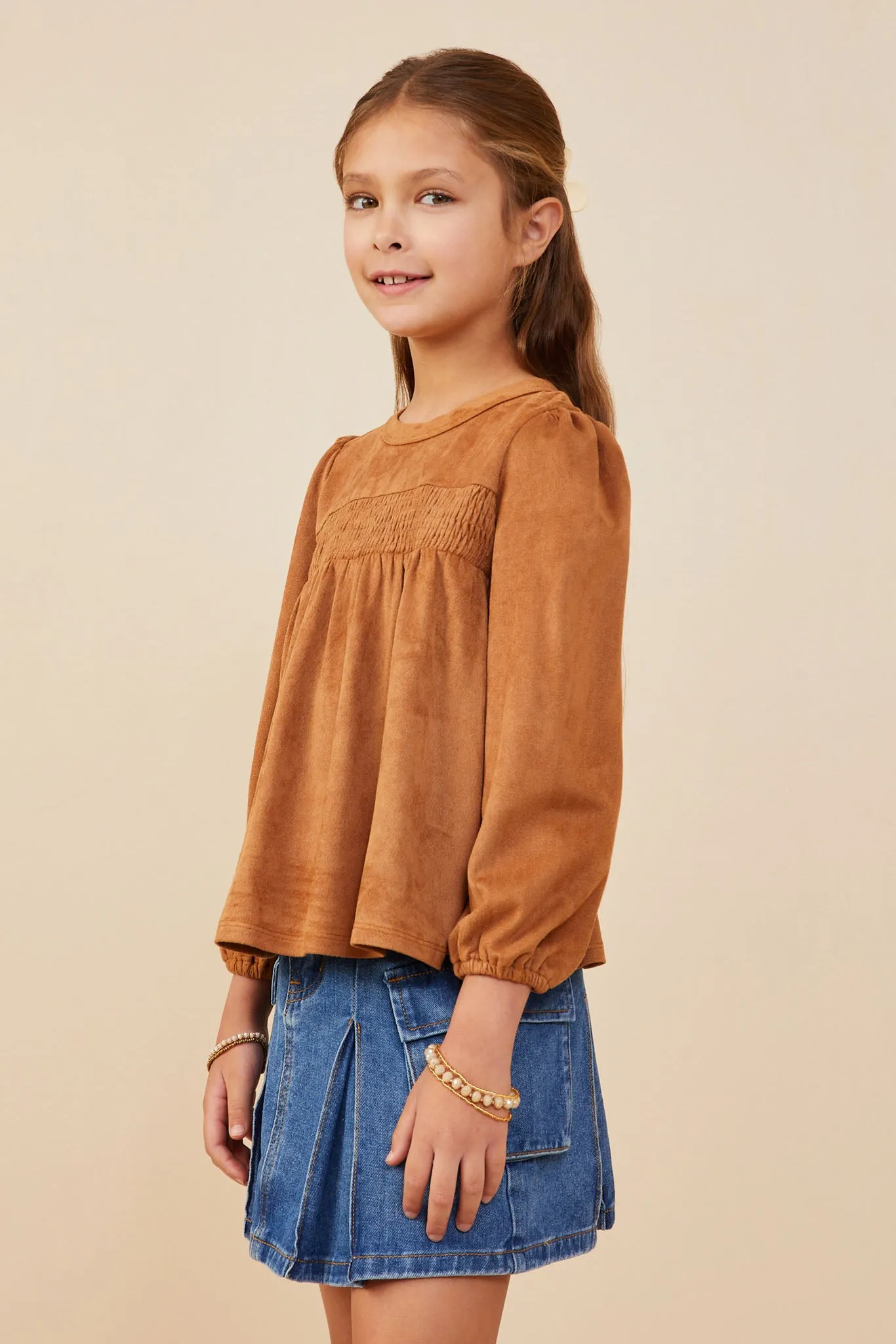 Vegan Suede Smocked Baby Doll Top