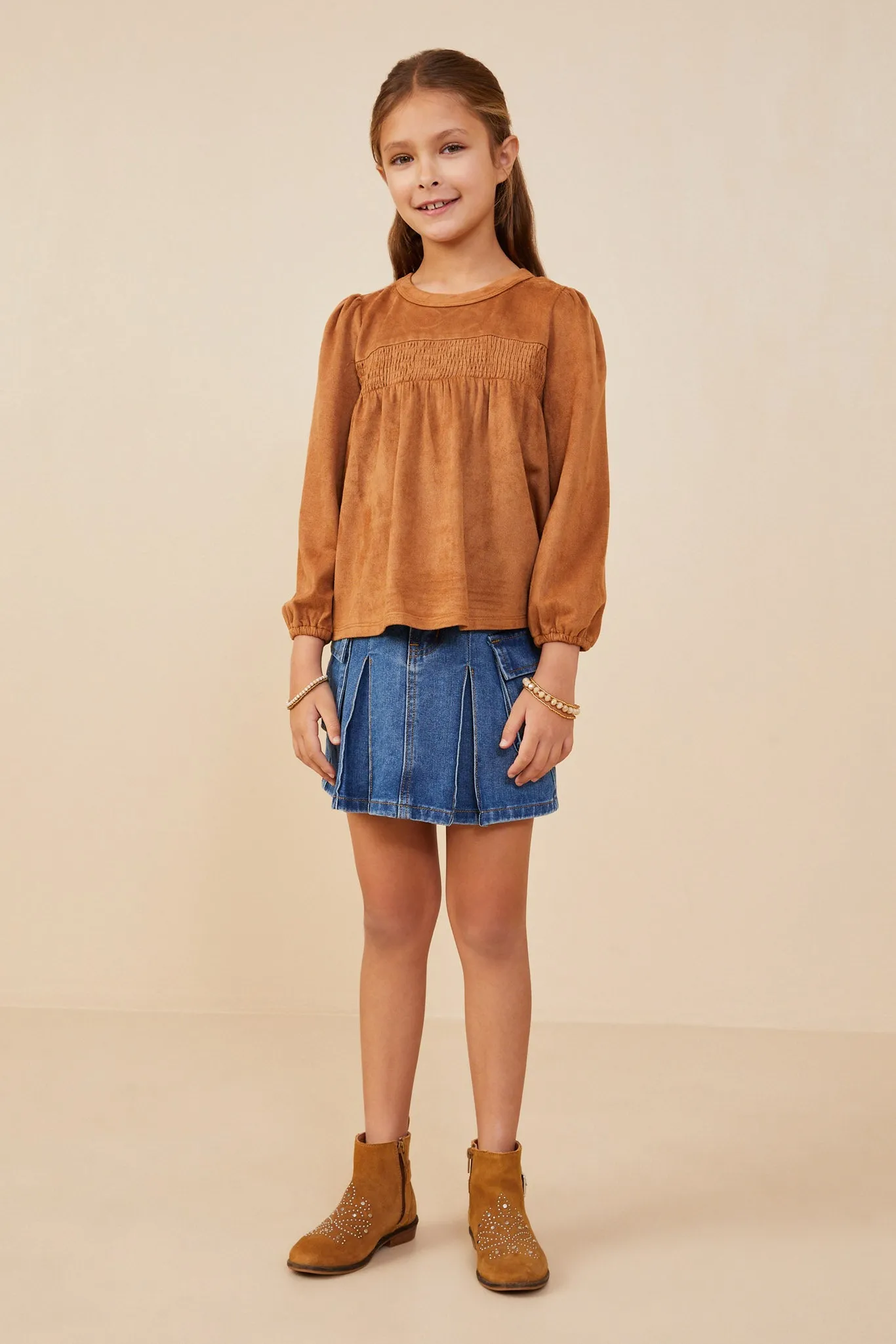 Vegan Suede Smocked Baby Doll Top