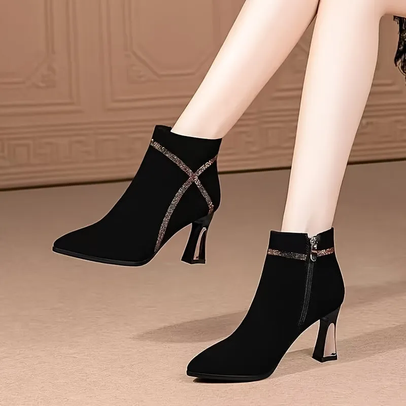 VougeVamp Velvet Chic Ankle Boots – Luxurious Mid-Heel Pointed Toe Booties for Fall & Winter
