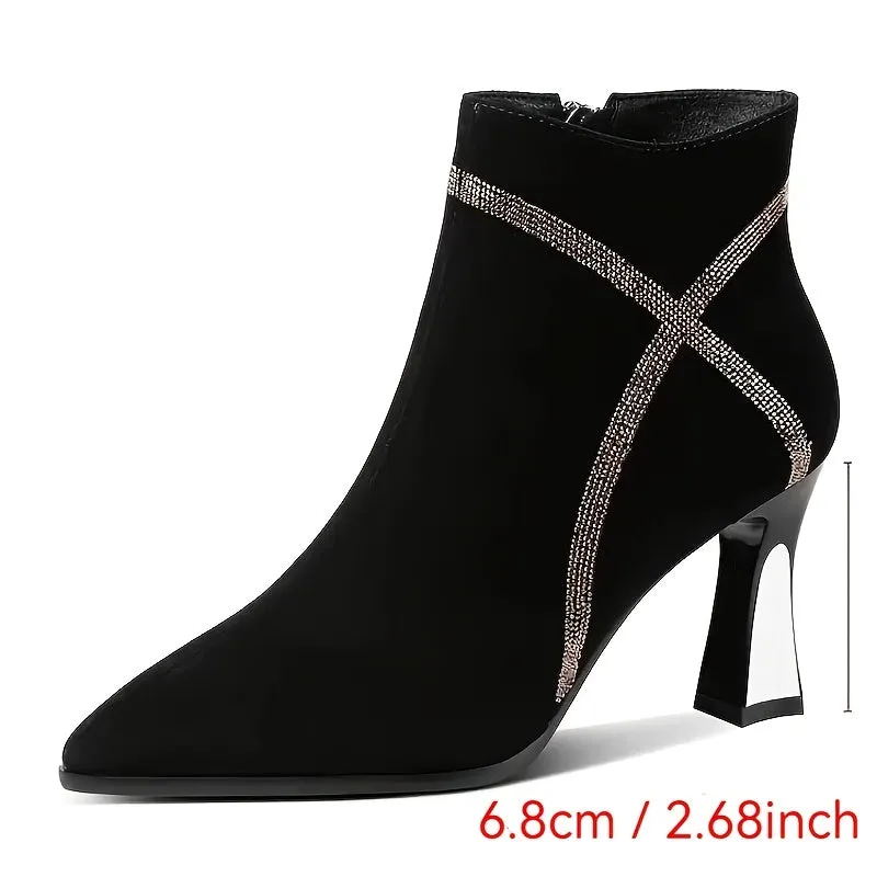 VougeVamp Velvet Chic Ankle Boots – Luxurious Mid-Heel Pointed Toe Booties for Fall & Winter