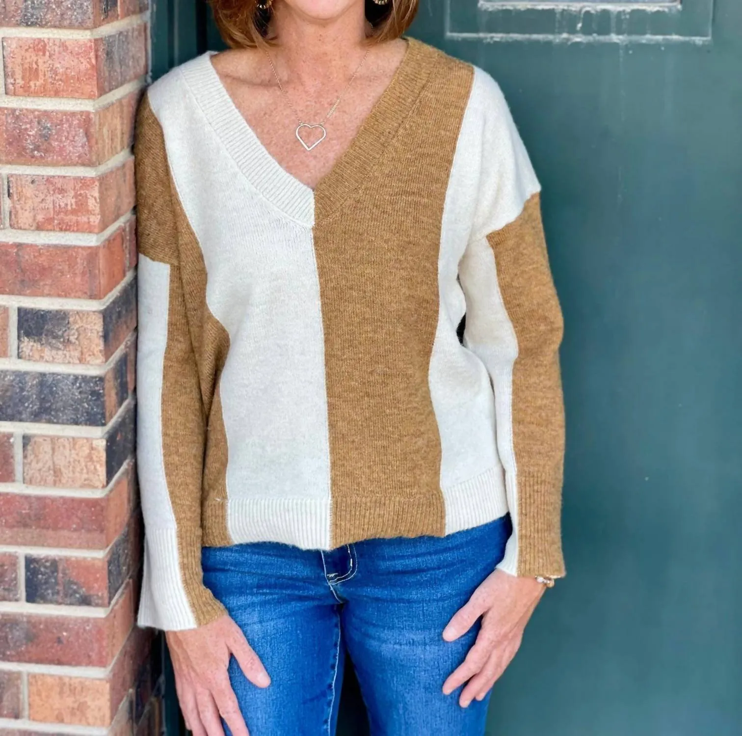 Wide Stripe V-Neck Sweater In Camel/ Cream
