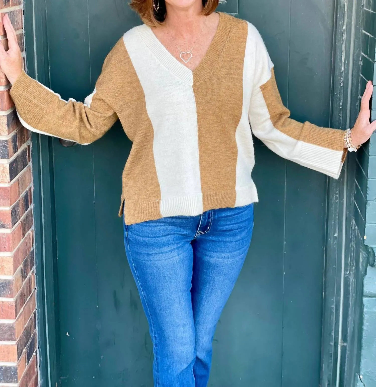 Wide Stripe V-Neck Sweater In Camel/ Cream