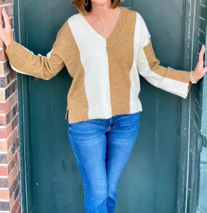 Wide Stripe V-Neck Sweater In Camel/ Cream