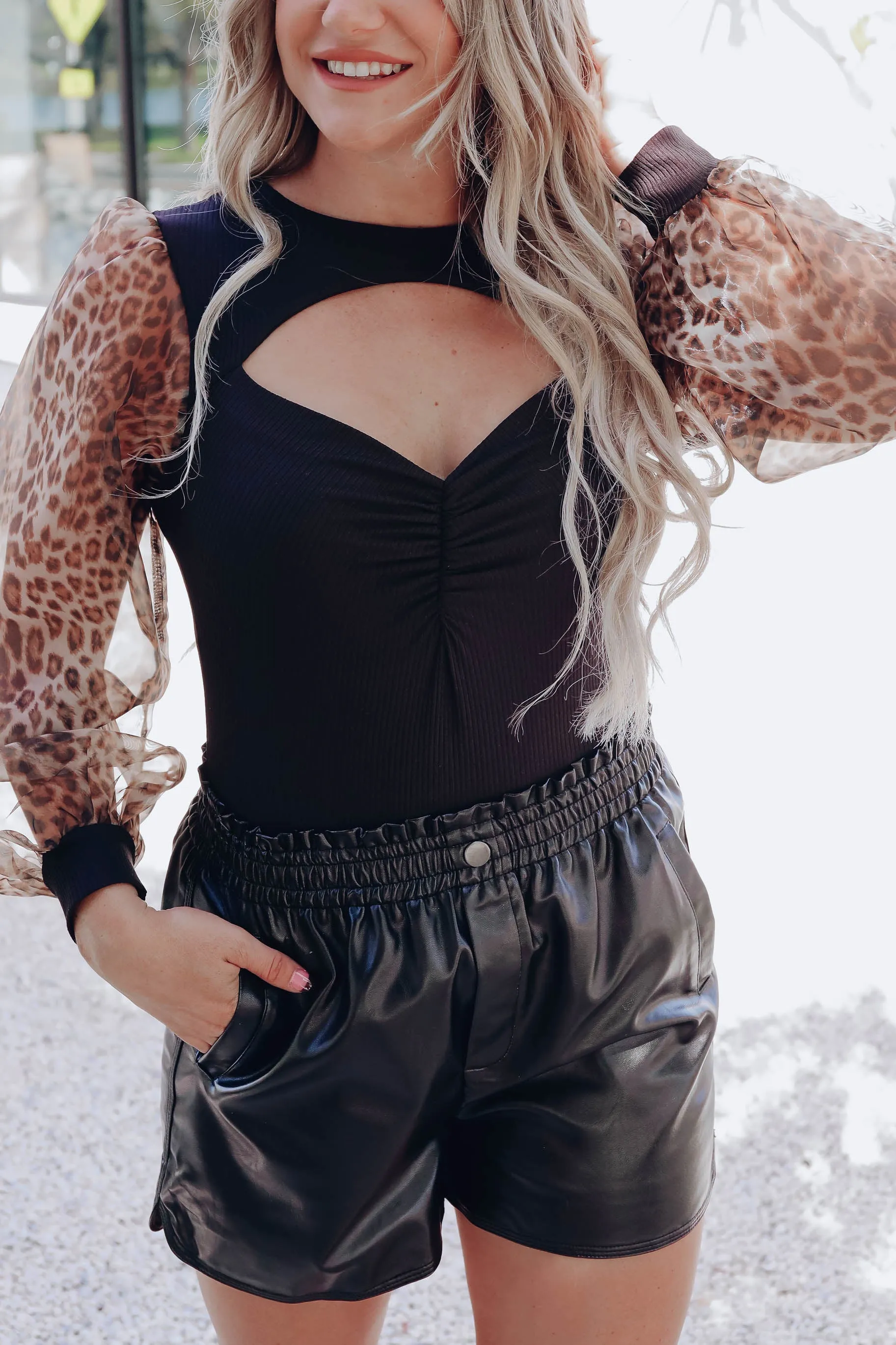 Wild Like Leopard Sleeve Bodysuit - Black
