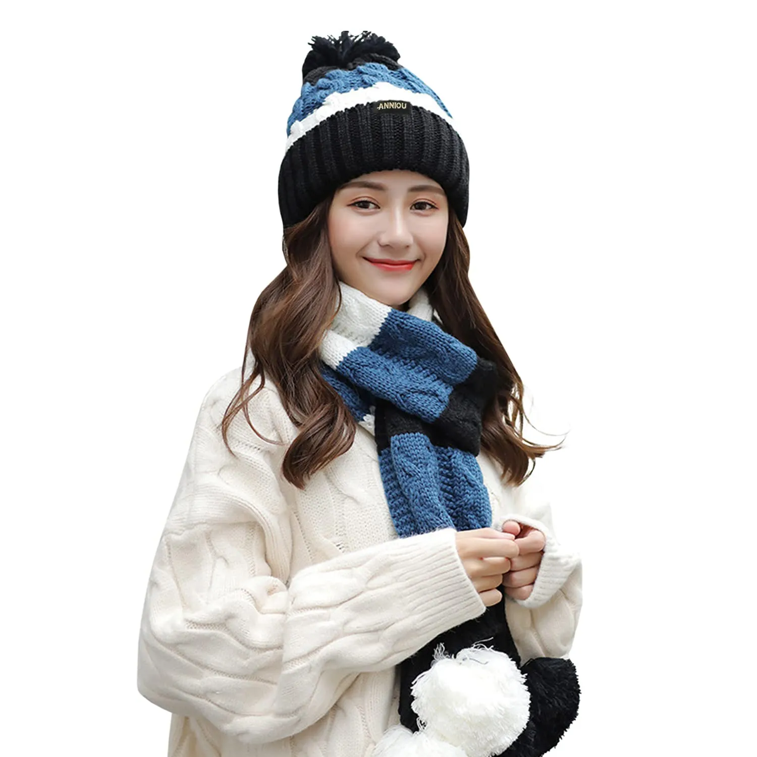 Women's Knitted Scarve and Pom Pom Beanie Hat Set