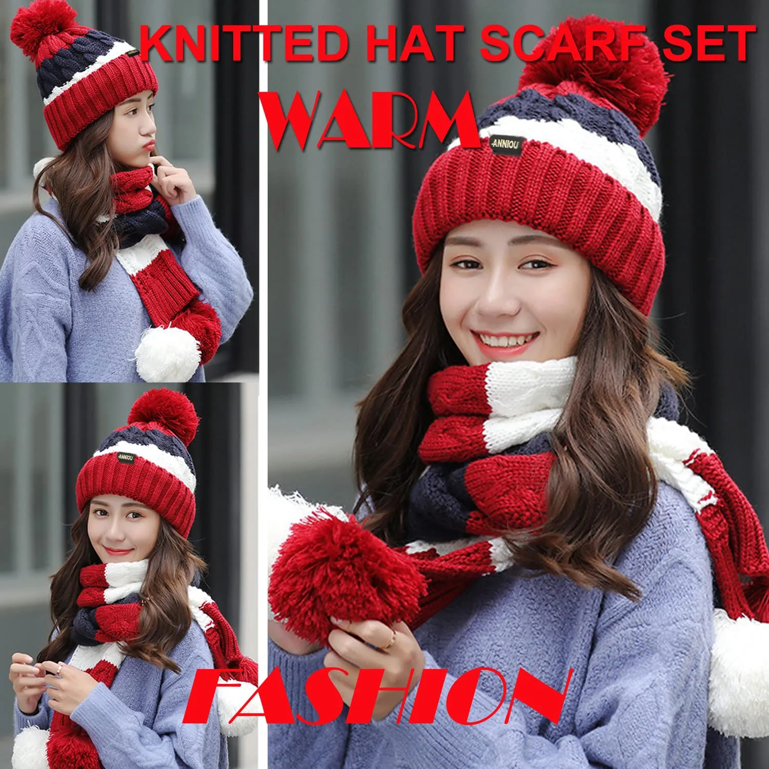Women's Knitted Scarve and Pom Pom Beanie Hat Set