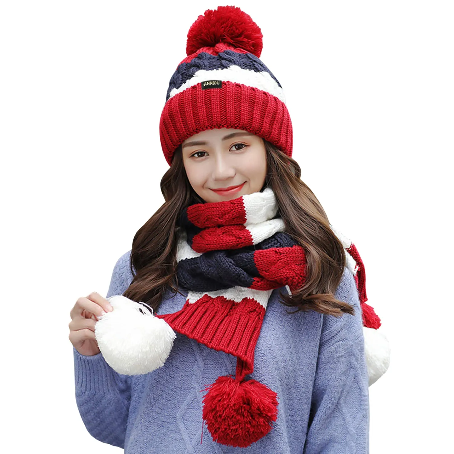 Women's Knitted Scarve and Pom Pom Beanie Hat Set