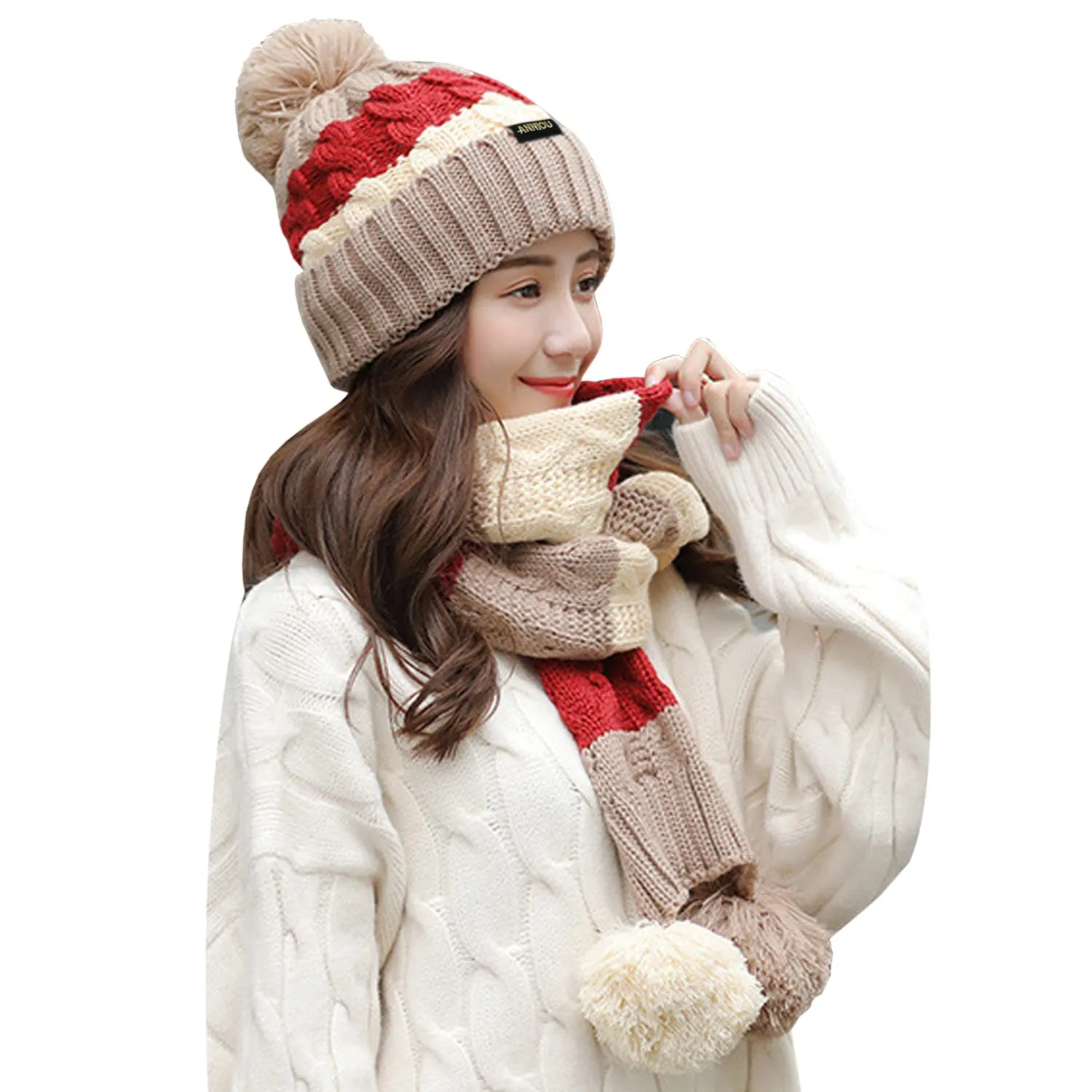 Women's Knitted Scarve and Pom Pom Beanie Hat Set