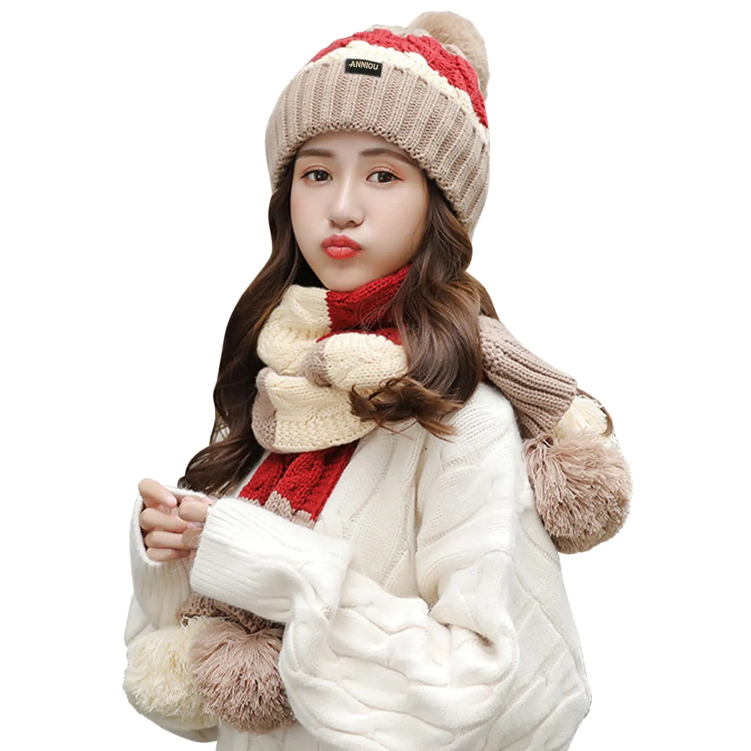 Women's Knitted Scarve and Pom Pom Beanie Hat Set