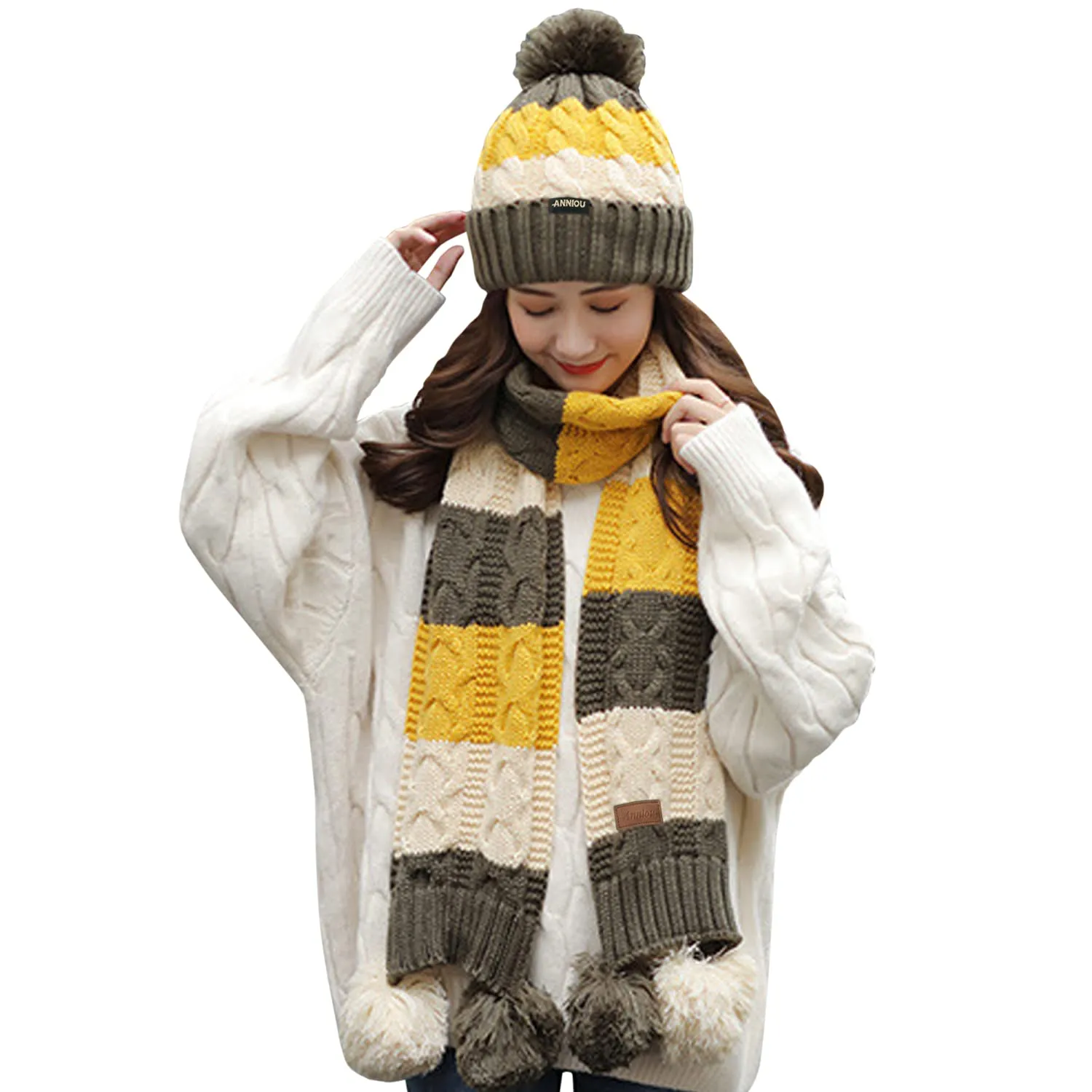 Women's Knitted Scarve and Pom Pom Beanie Hat Set