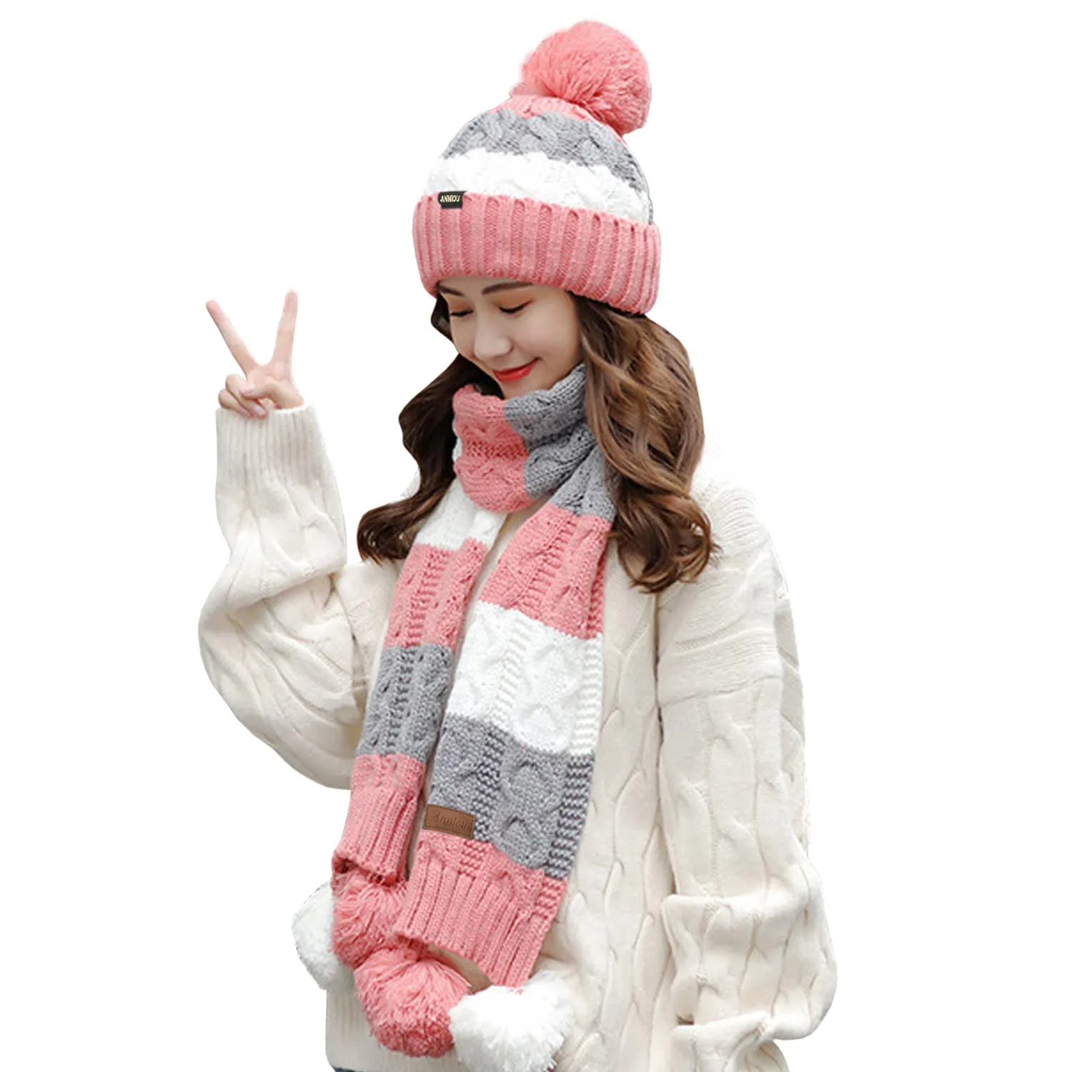 Women's Knitted Scarve and Pom Pom Beanie Hat Set
